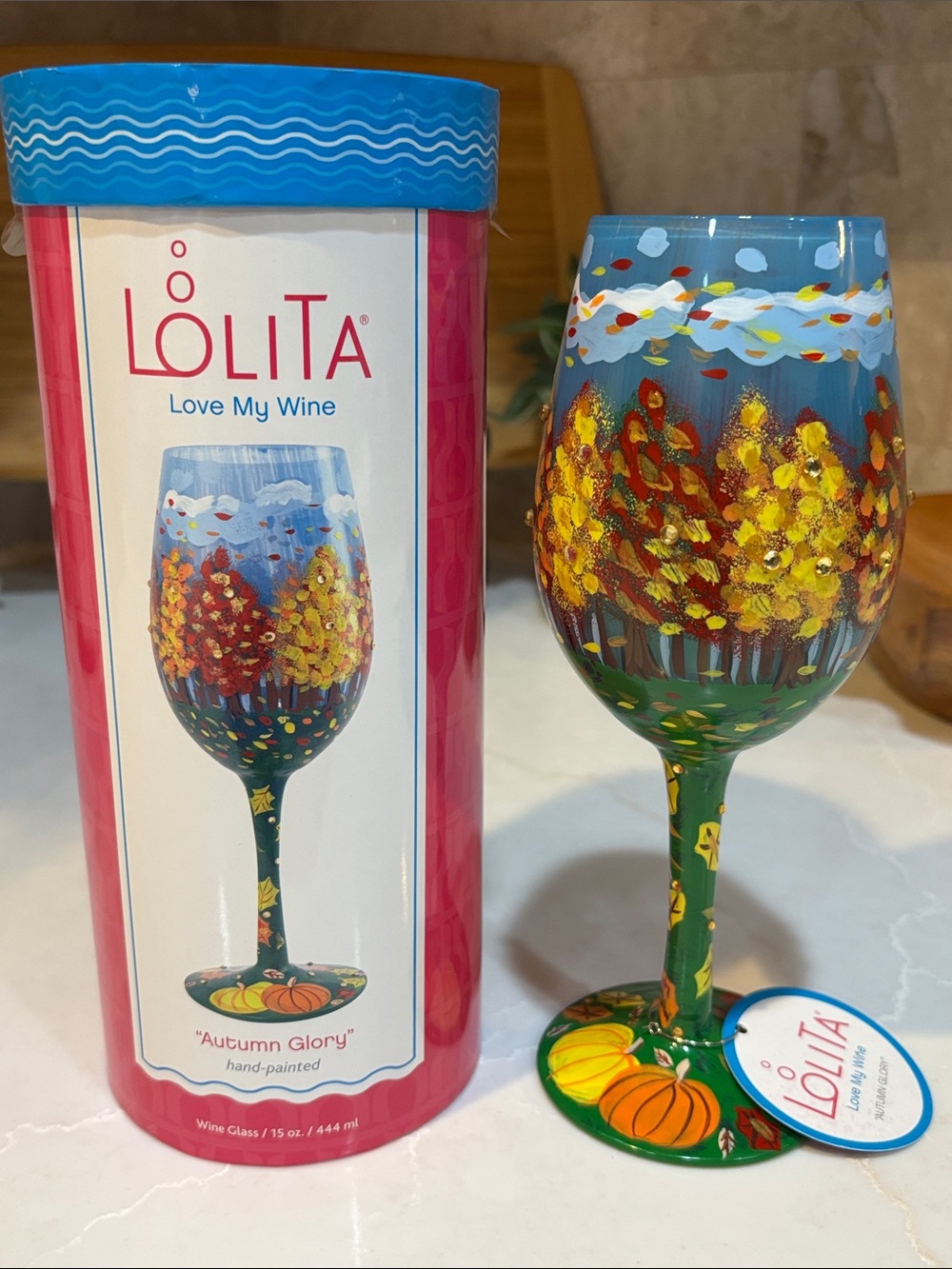LOLITA Hand-Painted Autumn Glory Wine Glass in Blue, Green & Yellow
